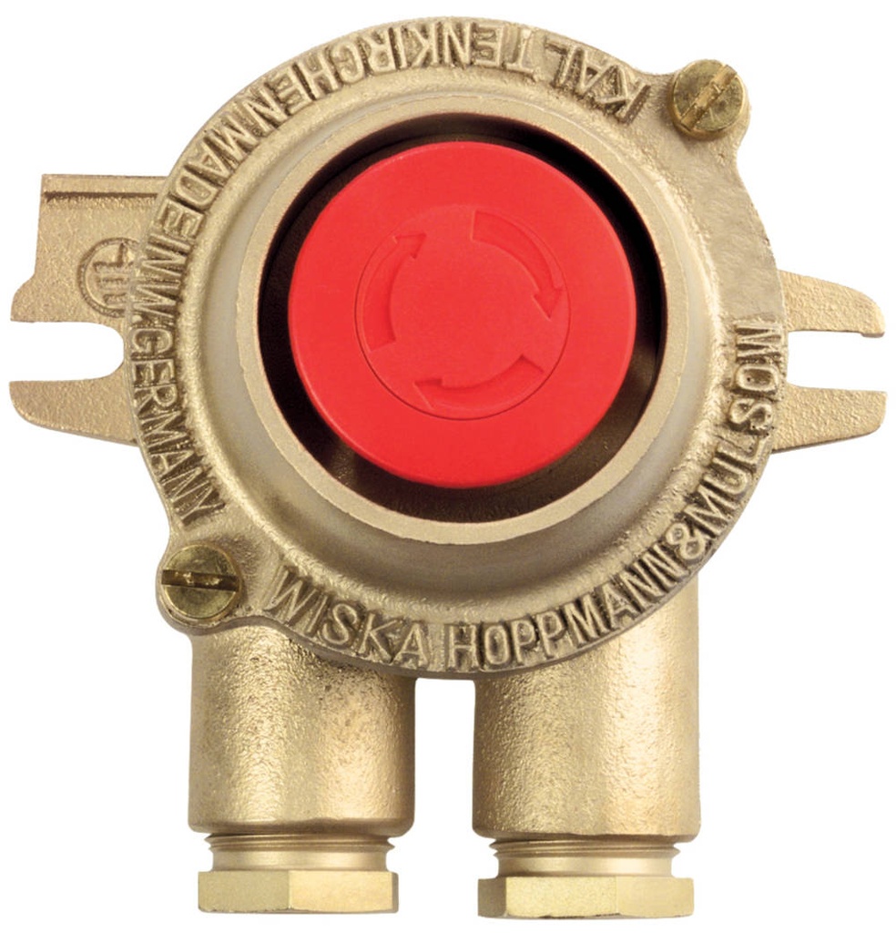 Emerg.OFF push button 722/AA, 230V 6A 2P O- 2NO 1xZ14 brass