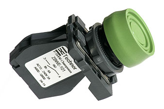 Pushbutton, green, 1NO, booted, 10A, plastic