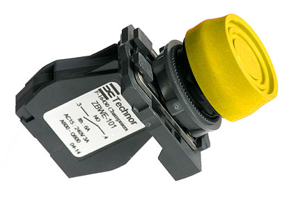 Pushbutton, yellow, 1NO, booted, 10A, plastic